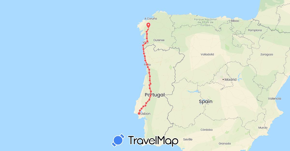 TravelMap itinerary: driving, hiking in Spain, Portugal (Europe)